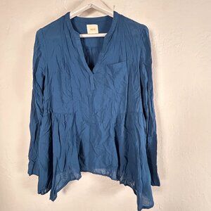Maeve Womens Laiken Henley Asymmetric Top Blouse Size 8 Blue Long Sleeve Pocket